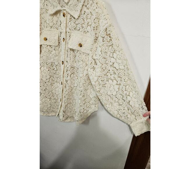 Bibi Oversized Cream Lace Button Down Shacket Size Small Front Pockets Collar - Picture 7 of 10
